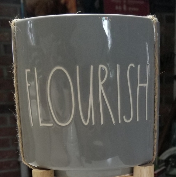 Rae Dunn ceramic Gray FLOURISH 5 1/2" planter with wood stand flower plant - Picture 3 of 5